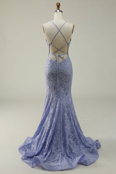Halter Mermaid Purple Lace Long Formal Dress