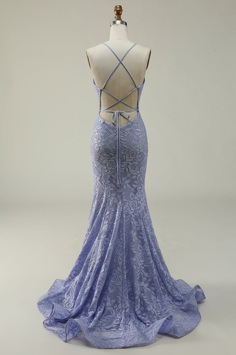 Load image into Gallery viewer, Halter Mermaid Purple Lace Long Formal Dress