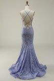 Halter Mermaid Purple Lace Long Formal Dress