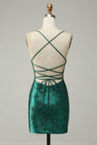 Dark Green Beaded Bodycon Formal Dress With Criss Cross Back