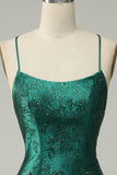 Dark Green Beaded Bodycon Formal Dress With Criss Cross Back