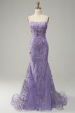 Mermaid Spaghetti Straps Purple Formal Dress with Beading