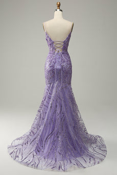 Mermaid Spaghetti Straps Purple Formal Dress with Beading