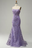 Mermaid Spaghetti Straps Purple Formal Dress with Beading