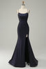 Load image into Gallery viewer, Navy Spaghetti Straps Beaded Formal Dress with Slit