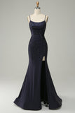 Navy Spaghetti Straps Beaded Formal Dress with Slit