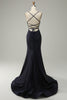 Load image into Gallery viewer, Navy Spaghetti Straps Beaded Formal Dress with Slit