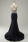 Navy Spaghetti Straps Beaded Formal Dress with Slit