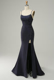 Navy Spaghetti Straps Beaded Formal Dress with Slit