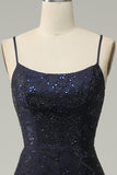 Navy Spaghetti Straps Beaded Formal Dress with Slit