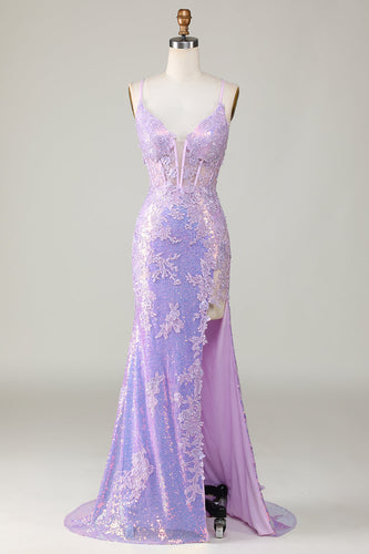 Sparkly Mermaid Spaghetti Straps Purple Corset Formal Dress with Slit