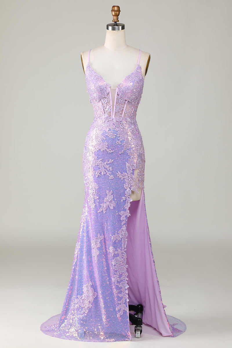 Load image into Gallery viewer, Sparkly Mermaid Spaghetti Straps Purple Corset Formal Dress with Slit