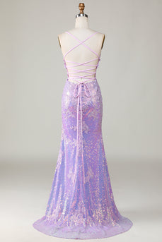 Sparkly Mermaid Spaghetti Straps Purple Corset Formal Dress with Slit
