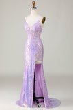 Sparkly Mermaid Spaghetti Straps Purple Corset Formal Dress with Slit