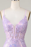 Sparkly Mermaid Spaghetti Straps Purple Corset Formal Dress with Slit