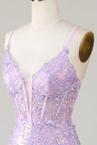 Sparkly Mermaid Spaghetti Straps Purple Corset Formal Dress with Slit