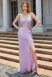 Purple Sparkly Appliques Corset Formal Dress with Slit