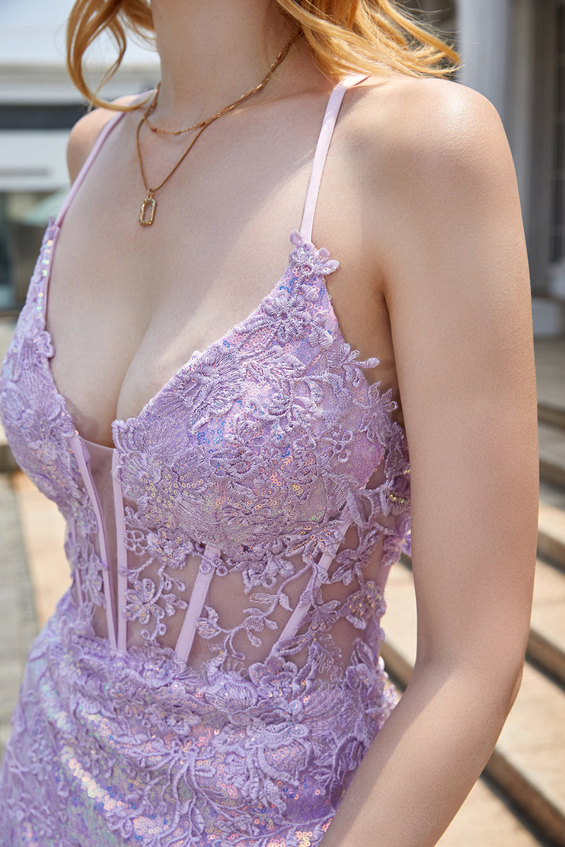 Load image into Gallery viewer, Purple Sparkly Appliques Corset Formal Dress with Slit