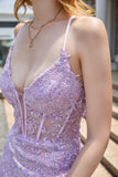 Purple Sparkly Appliques Corset Formal Dress with Slit