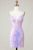 Bling Bodycon Spaghetti Straps Purple Corset Cocktail Dress with Criss Cross Back