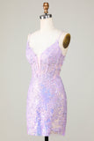 Bling Bodycon Spaghetti Straps Purple Corset Cocktail Dress with Criss Cross Back