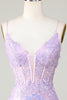 Load image into Gallery viewer, Bling Bodycon Spaghetti Straps Purple Corset Cocktail Dress with Criss Cross Back