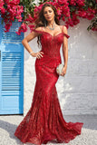 Mermaid Off the Shoulder Burgundy Corset Formal Dress with Bronzing