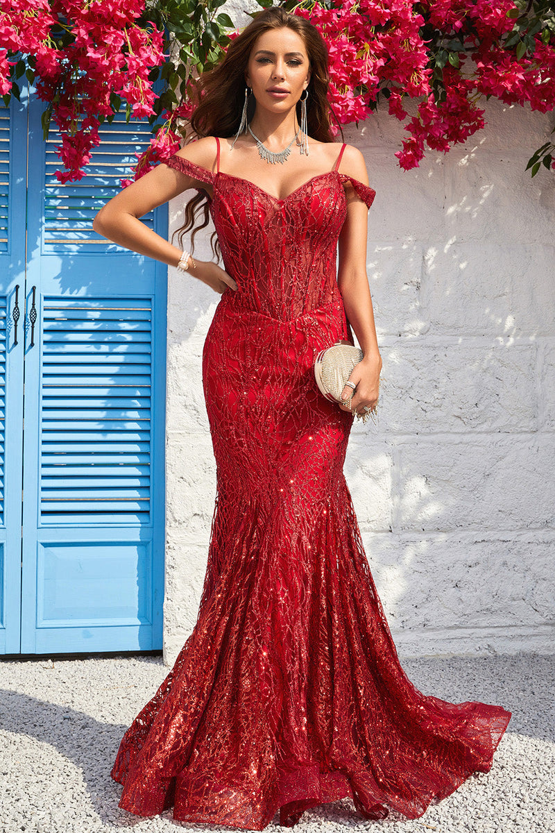 Load image into Gallery viewer, Mermaid Off the Shoulder Burgundy Corset Formal Dress with Bronzing