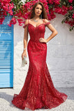 Mermaid Off the Shoulder Burgundy Corset Formal Dress with Bronzing