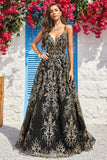 A Line Spaghetti Straps Black Golden Long Formal Dress with Bronzing