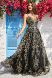 A Line Spaghetti Straps Black Golden Long Formal Dress with Bronzing