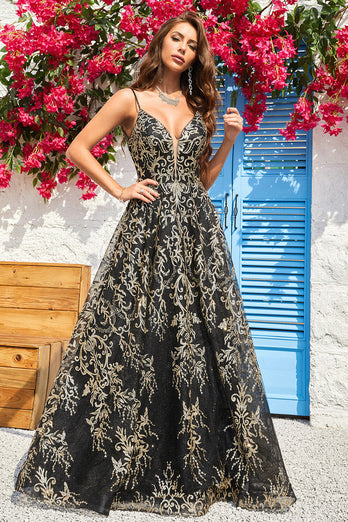 A Line Spaghetti Straps Black Golden Long Formal Dress with Bronzing
