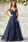 A Line Off the Shoulder Navy Long Formal Dress with Appliques