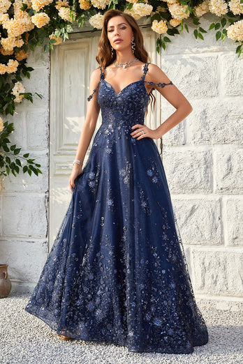 A Line Off the Shoulder Navy Long Formal Dress with Appliques