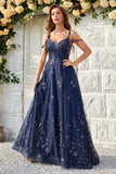 A Line Off the Shoulder Navy Long Formal Dress with Appliques