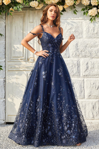 A Line Off the Shoulder Navy Long Formal Dress with Appliques