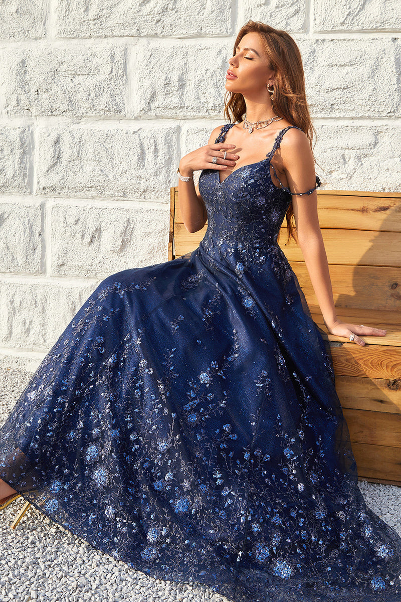 Load image into Gallery viewer, A Line Off the Shoulder Navy Long Formal Dress with Appliques