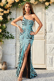 Mermaid One Shoulder Green Sequins Long Formal Dress with Split Front