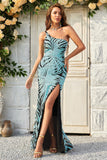 Mermaid One Shoulder Green Sequins Long Formal Dress with Split Front