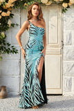 Mermaid One Shoulder Green Sequins Long Formal Dress with Split Front