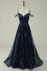 Load image into Gallery viewer, Navy A Line Cold Shoulder Long Formal Dress