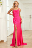 Mermaid Halter Neck Fuchsia Long Formal Dress with Split Front