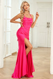 Mermaid Halter Neck Fuchsia Long Formal Dress with Split Front