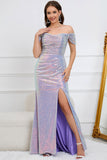 Sparkly Mermaid Off The Shoulder Purple Long Formal Dress with Slit