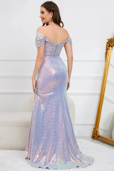 Sparkly Mermaid Off The Shoulder Purple Long Formal Dress with Slit