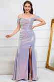 Sparkly Mermaid Off The Shoulder Purple Long Formal Dress with Slit