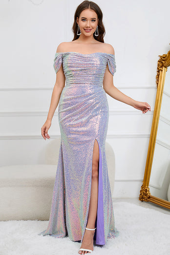 Sparkly Mermaid Off The Shoulder Purple Long Formal Dress with Slit