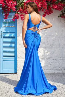 Mermaid Spaghetti Straps Blue Long Formal Dress with Open Back
