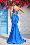 Mermaid Spaghetti Straps Blue Long Formal Dress with Open Back