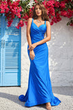 Mermaid Spaghetti Straps Blue Long Formal Dress with Open Back